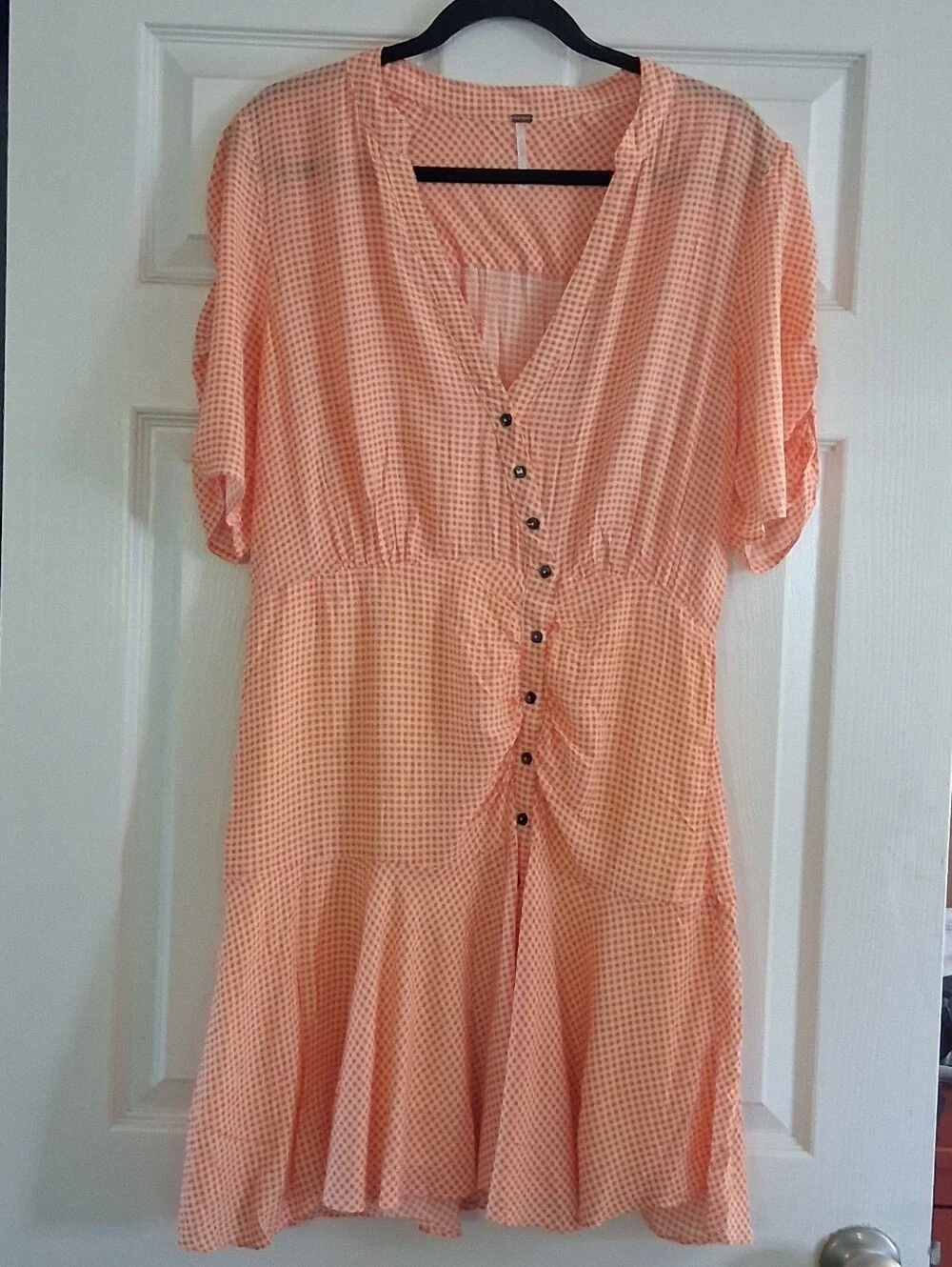 Free People Pippa Peach Gingham Asymmetrical Button Front Mini Dress XL